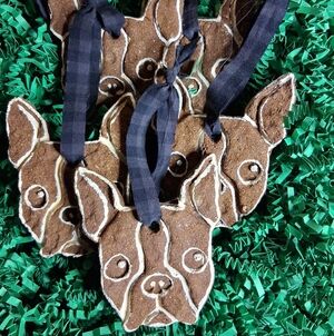 Handmade, Primitive PRIM Boston Terrier faces Christmas Ornaments, set of 5